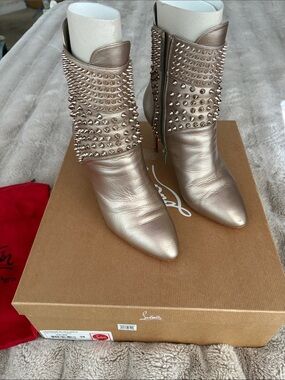 Christian Louboutin Hongroise Metallic Rose Gold Spiked Mid-Calf Boots